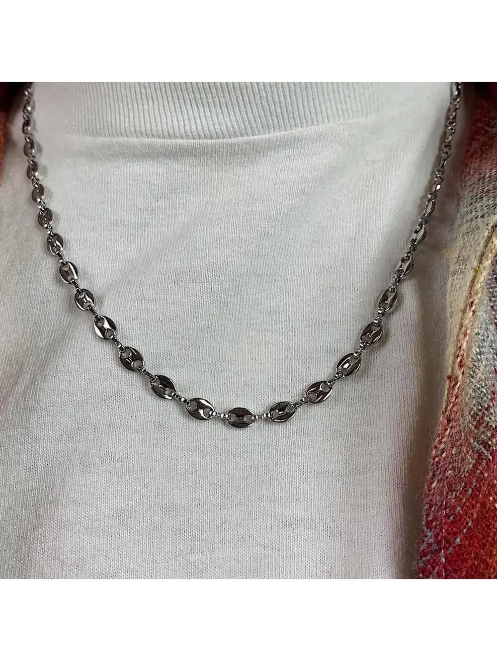 Y2k Cyber Vintage 2000s style Coffee Bean Stainless Steel Silver Necklace. High
